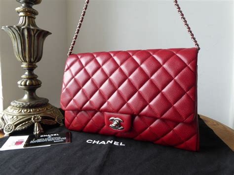 Chanel Red Quilted Caviar Timeless Classic Clutch With Chain 